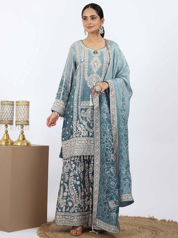 "Teal Dream" Chinon Sharara Suit with White Thread Work