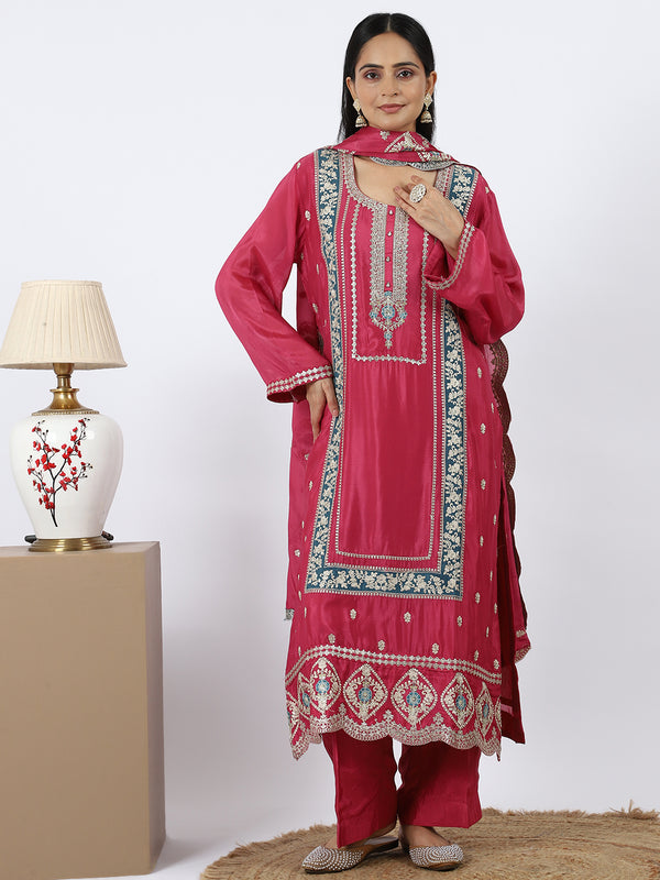 "Blush Weave" Chinon Palazzo Suit with Multi-Color Thread Work
