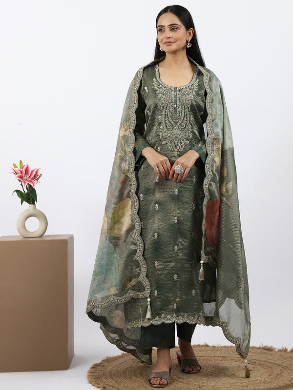 "Emerald Garden" Green Organza Tissue Suit with Zari & Mirror Work