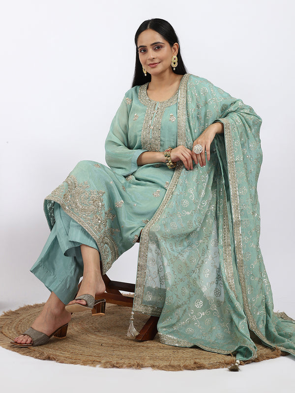 "Aqua Bloom" Crush Tissue Palazzo Suit with Sequin & Zari Work