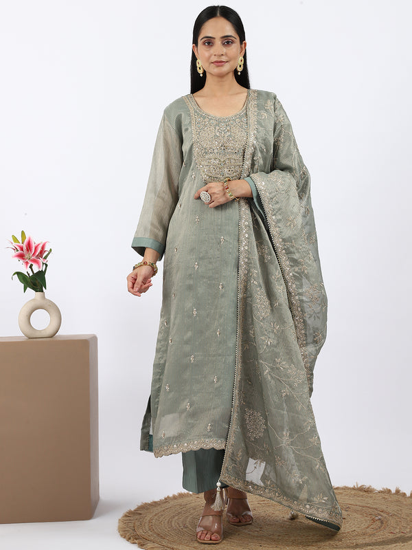 "Mist Whisper" Organza Tissue Palazzo Suit with Zari, Sequin & Mirror Work