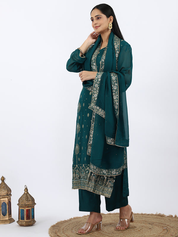 "Peacock Elegance" Green Organza Silk Palazzo Suit with Weaving Work