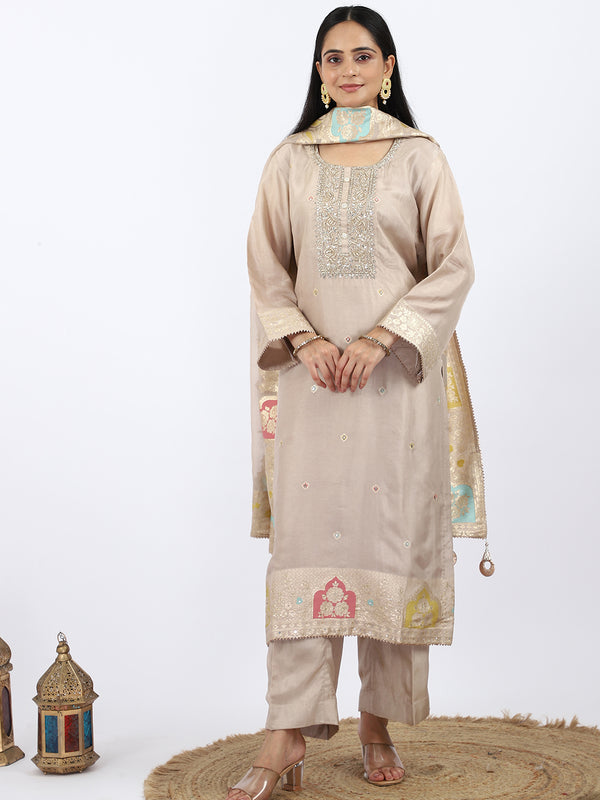 "Golden Hour" Pale Gold Silk Palazzo Suit with Zari & Weaving Work