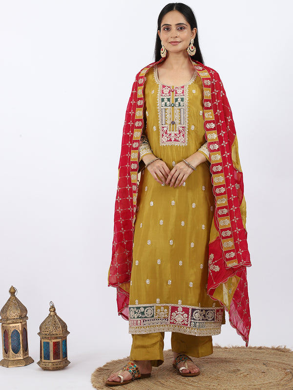 "Marigold Melody" Mustard Yellow Chinon Palazzo Suit with Multi-Color Thread Work