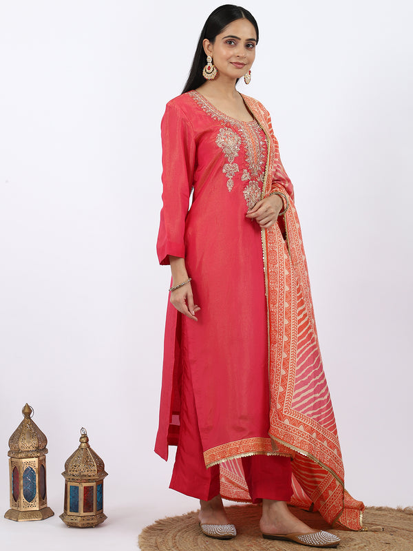 "Sunset Bloom" Orange Shimmer Silk Palazzo Suit with Lehriya Dupatta