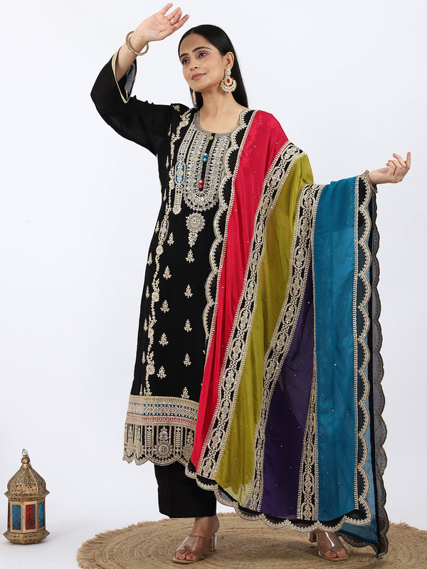"Onyx Mirage" Black Chinon Suit with Multi-Color Dupatta