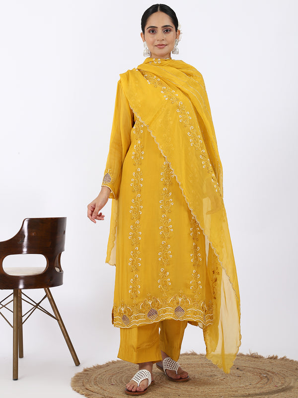 "Golden Glaze" Mustard Yellow Organza Silk Suit with Hand Zari, Pearl & Dapka Work