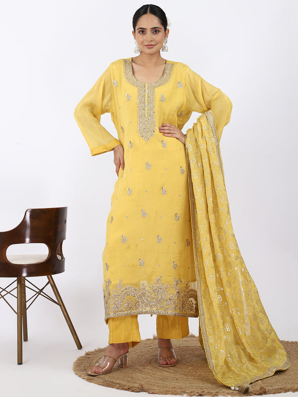 "Golden Glaze" Yellow Crush Tissue Palazzo Suit with Sequin & Zari Work