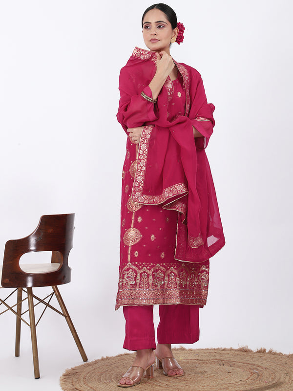 "Raspberry Radiance" Pink Organza Silk Suit with Weaving Work
