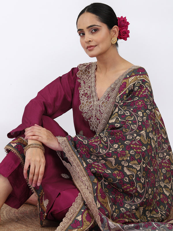 "Maroon Majesty" Self-Printed Silk Pant Suit with Resham Work