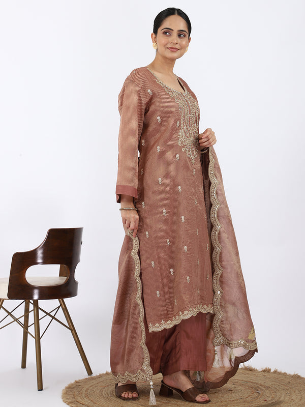 "Coffee Bloom" Coffee Organza Tissue Palazzo Suit with Zari & Mirror Work