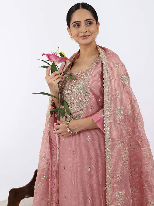 "Petal Whisper" Dusty Rose Organza Silk Suit with Handwork