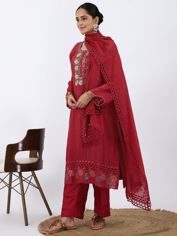 "Crimson Rose" Wine Red Chinon Palazzo Suit with Cutdana & Thread Work
