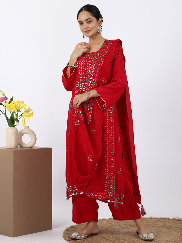 "Crimson Mirror" Raspberry Red Silk Palazzo Suit with Mirror Work