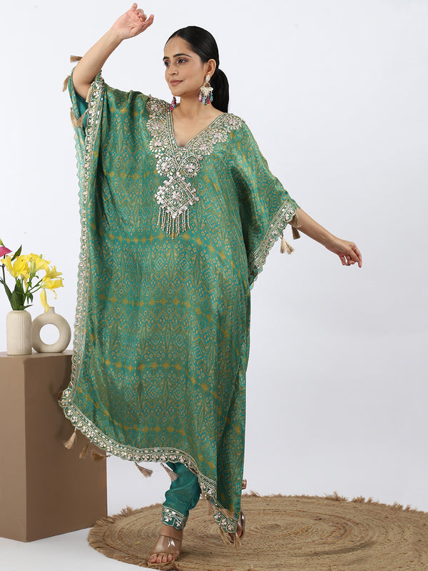 "Emerald Oasis" Shimmer Silk Kaftan with Gotta Work