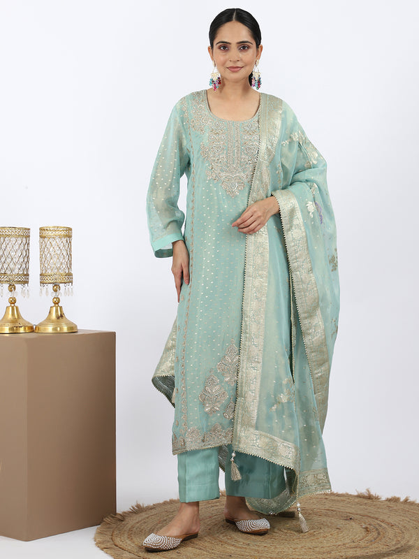 "Cyan Charm" Cyan Chanderi Suit with Pearl & Zari Work