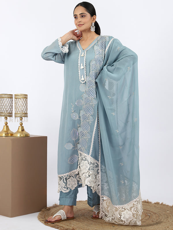 "Azure Grace" Blue Cotton Silk Palazzo Suit with Thread & Lace Work