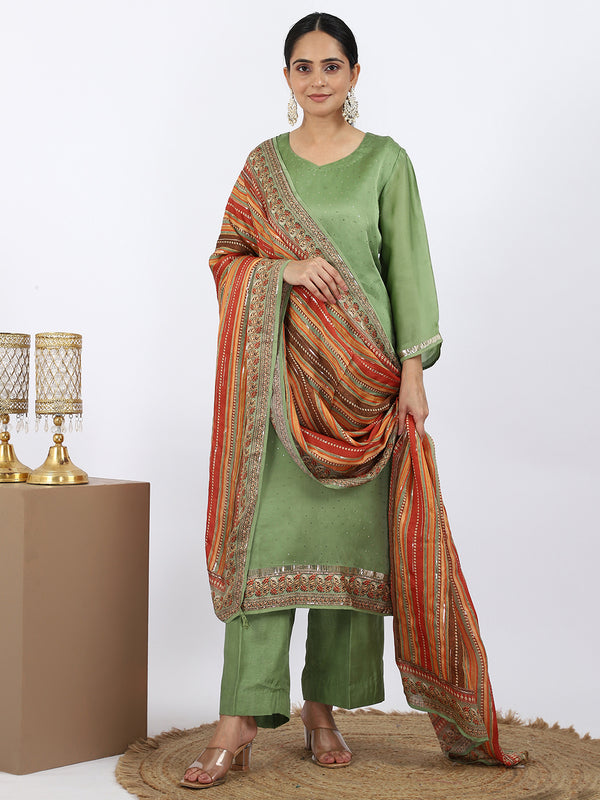 "Mehendi Sparkle" Green Pant Suit with Swarovski Work & Multi-Color Dupatta