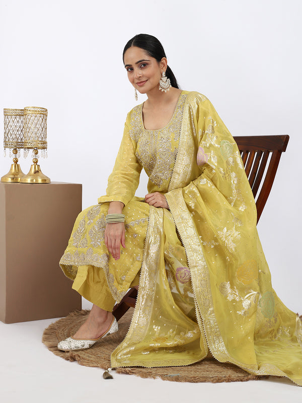 "Lemon Zest" Yellow Chanderi Suit with Pearl & Zari Work