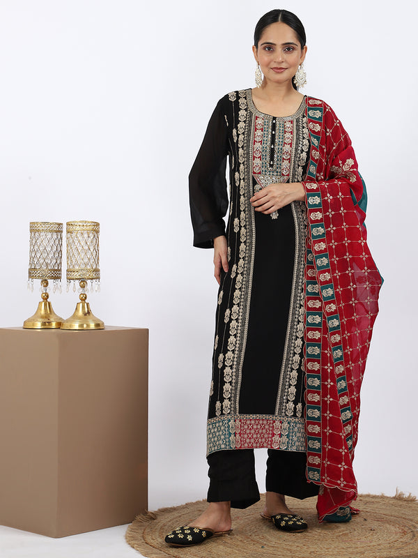 "Crimson Shadow" Black Chinon Suit with Maroon Dupatta