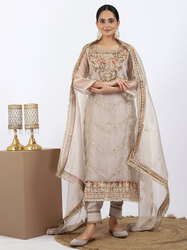 "Ivory Rust" Shimmer Organza Suit with Aari & Leather Work