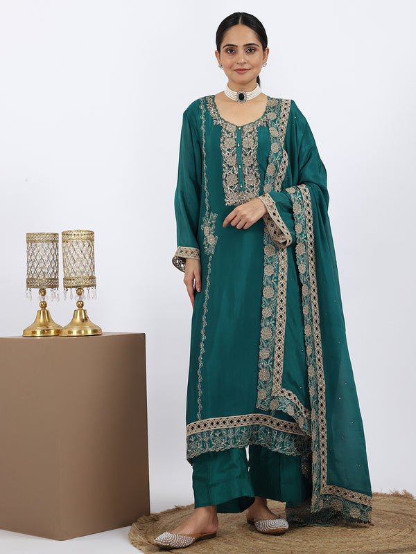 "Sage Blossom" Green Chinon Suit with Cutdana & Thread Work