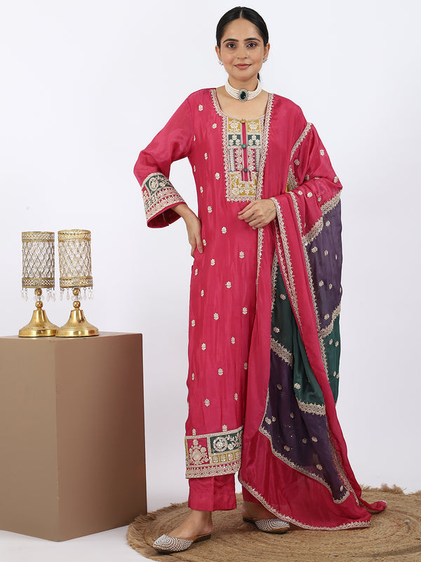 "Prismatic Pink" Pink Chinon Palazzo Suit with Multi-Color Thread Work & Dupatta