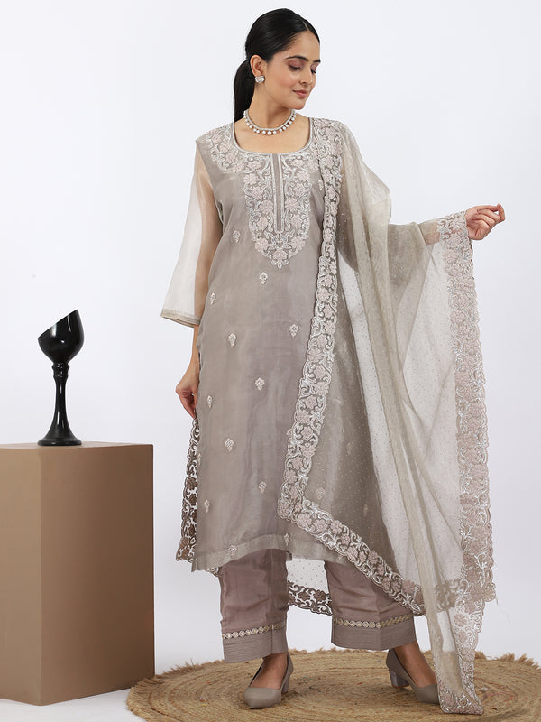 "Steel Serenity" Grey Organza Suit with Pearl & Swarovski Work