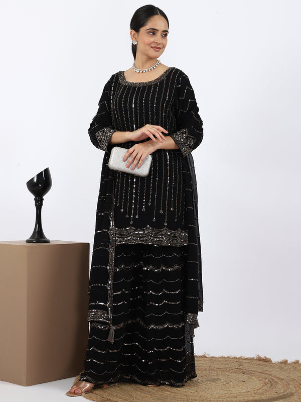 "Midnight Glamour" Black Georgette Garara Suit with Handwork