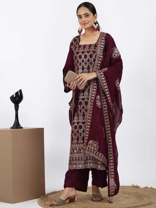 "Wine Blossom" Satin Silk Suit with Resham Embroidery
