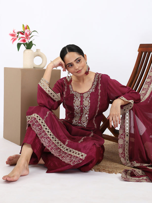 "Maroon Blossom" Chinon Suit with Cutdana & Thread Work