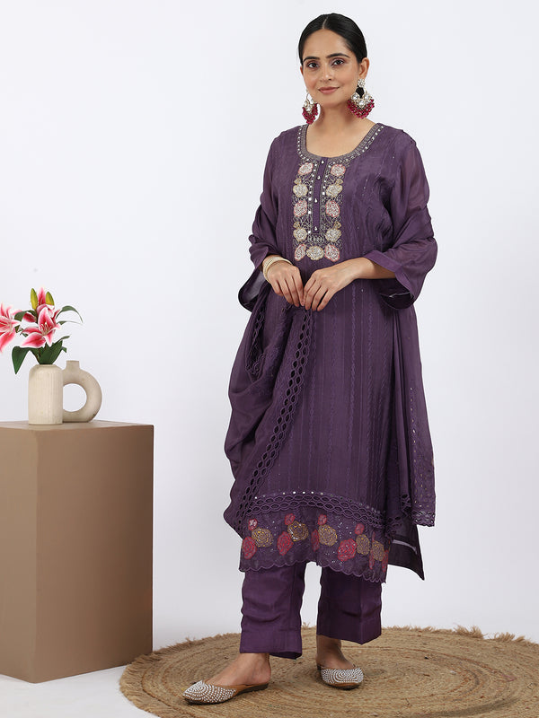 "Amethyst Blossom" Purple Chinon Suit with Cutdana & Thread Work