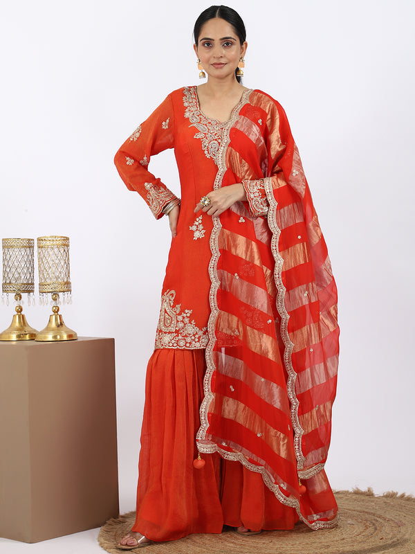 "Desert Bloom" Rust Orange Shimmer Tissue Sharara Suit with Aari Work