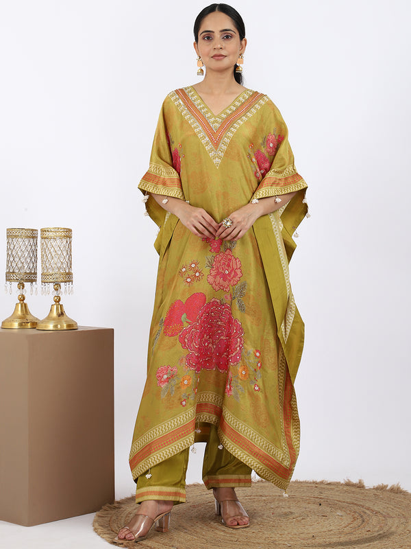 "Saffron Bloom" Mustard Shimmer Silk Kaftan Set