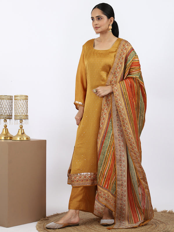 "Golden Sunset" Mustard Satin Silk Palazzo Suit with Digital Print Dupatta