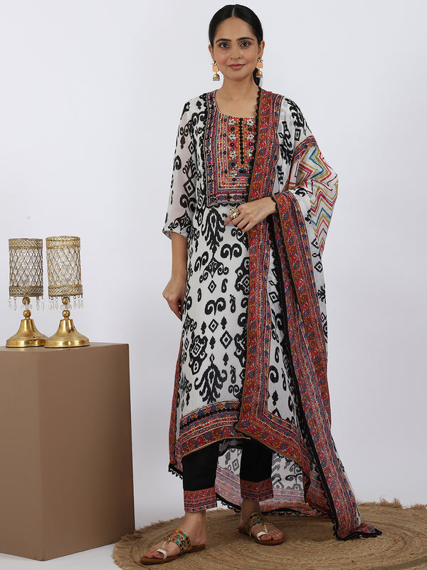 "Ivory Ikkat" White Chiffon Pant Suit with Mirror Work