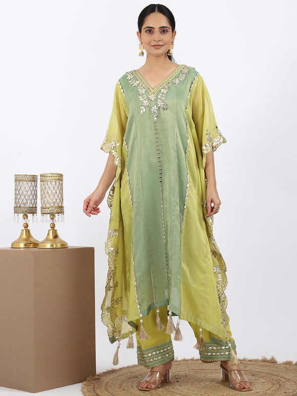 "Neon Lime" Dual-Shade Kaftan Set with Gotta Patti