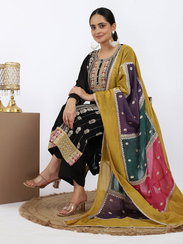 "Midnight Garden" Black Chinon Suit with Multi-Color Embroidery