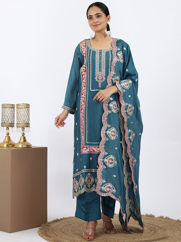 "Azure Bloom" Blue Chinon Suit with Thread & Sequin Work
