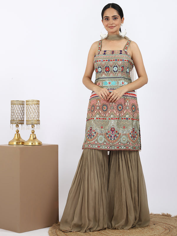 "Smokey Petals" Mouse Colour Garara Suit with Multi-Color Thread Work
