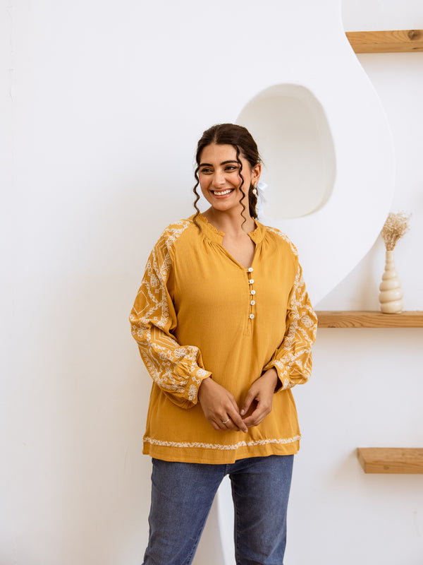 Sunshine Mustard Embroidered Top