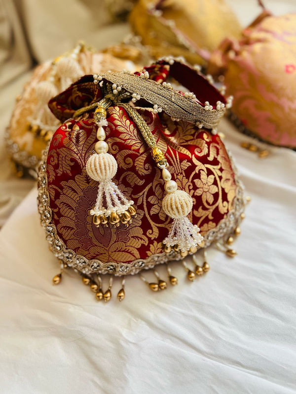 Red & Gold Brocade Potli Bag with Handle
