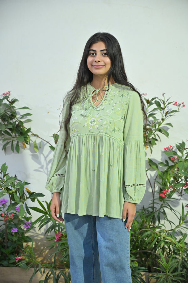 Sage Serenity Embroidered Top