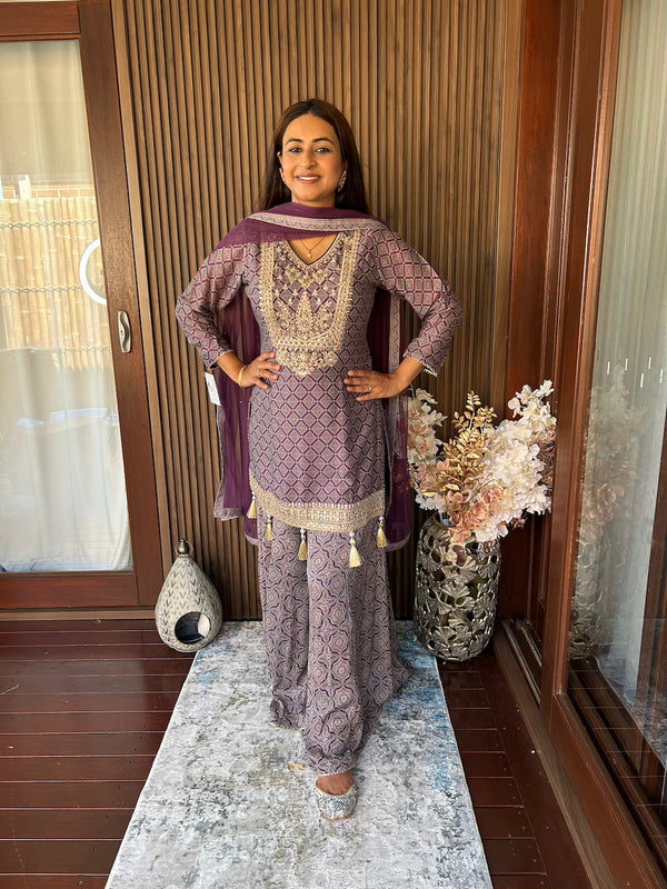 Plum Geometric Embroidered Sharara Set