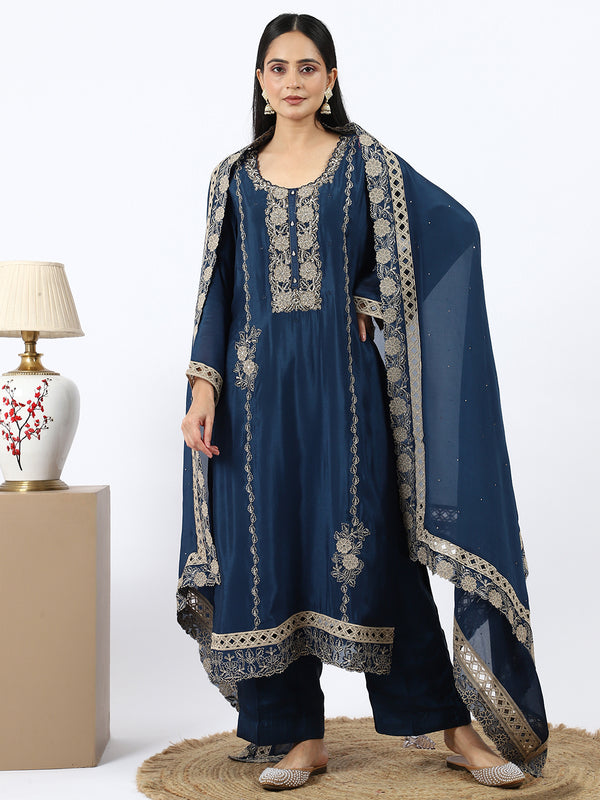 "Midnight Bloom" Chinon Silk Palazzo Suit Set with Cutdana Embroidery