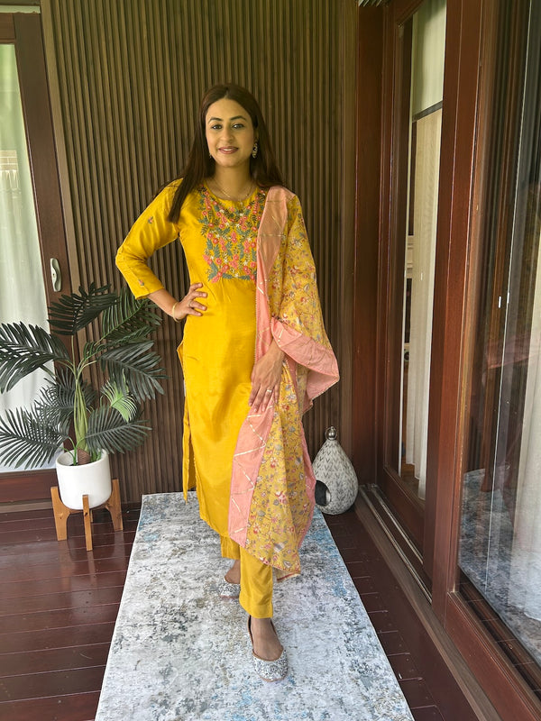 Yellow Silk Suit with Thread & Cut Dana Work