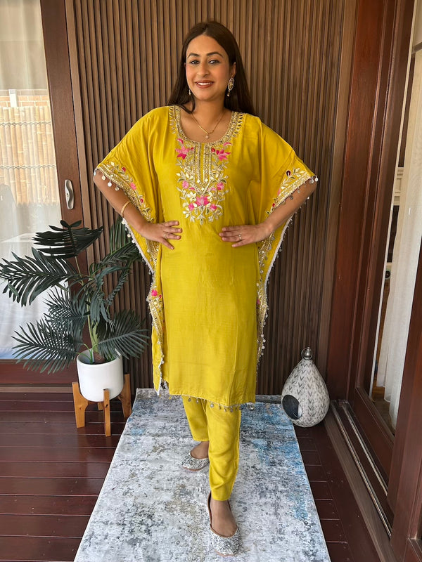 Yellow Kaftan with Gotta and Thread Work