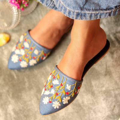 Botanic Blue Floral Threadwork  Comfort Mules