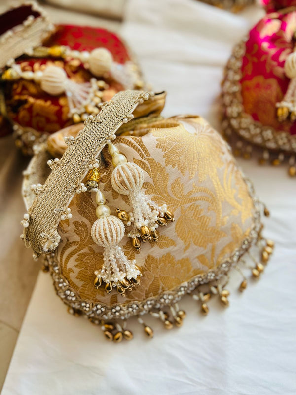 Cream & Gold Brocade Potli Bag with Handle